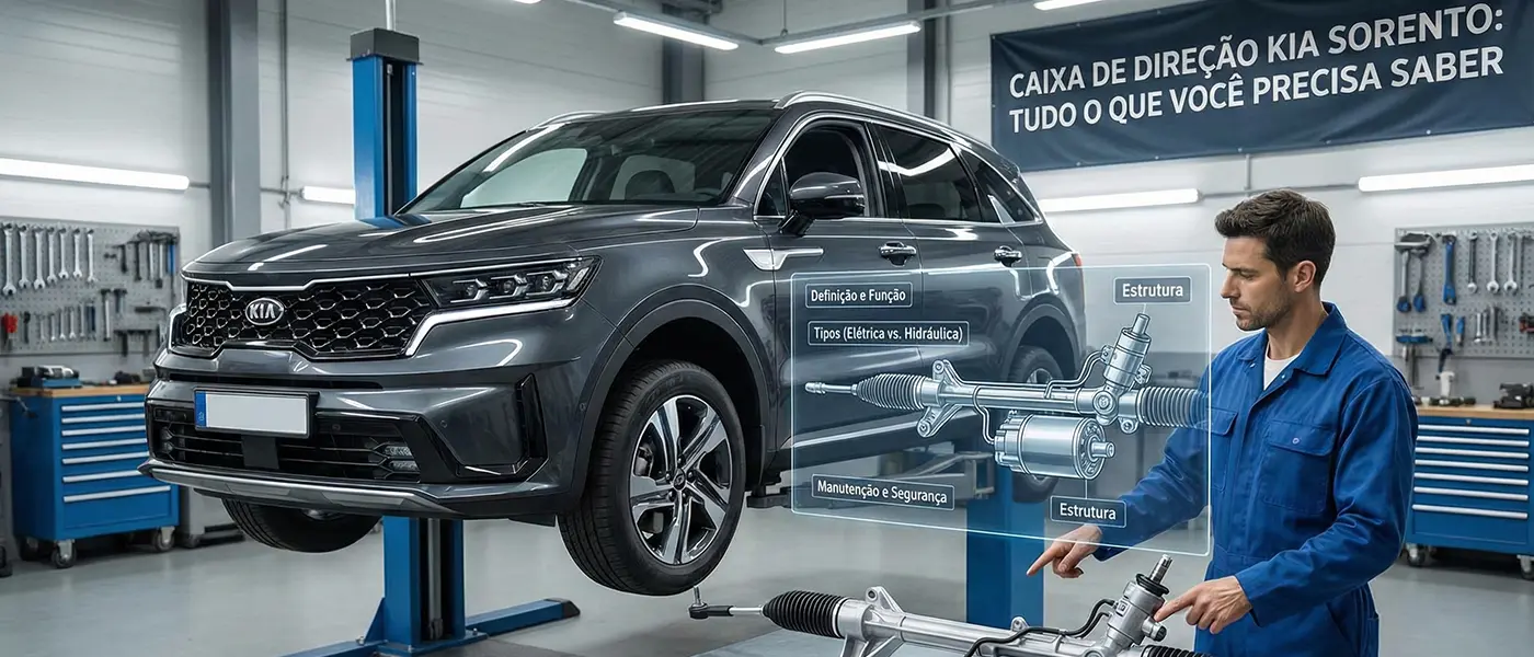 Mecânico em oficina examina caixa de direção do Kia Sorento, com diagrama holográfico detalhando estrutura, tipos e manutenção, ilustrando o artigo 'Caixa de Direção Kia Sorento: Tudo o que Você Precisa Saber