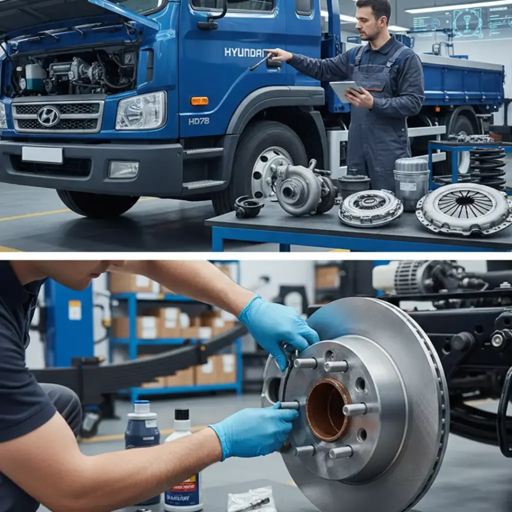 Detalhe da manutenção do sistema de frenagem do caminhão Hyundai HD78, mostrando a instalação de disco de freio novo e pinças por profissional com luvas de proteção.