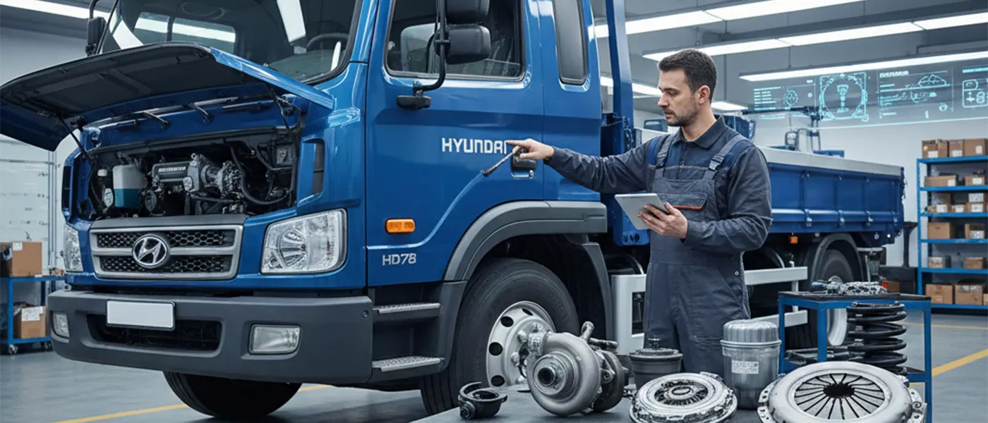 Mecânico especializado analisando catálogo de peças para Hyundai HD78 em oficina, com turbina, kit de embreagem e filtros sobre a bancada técnica.