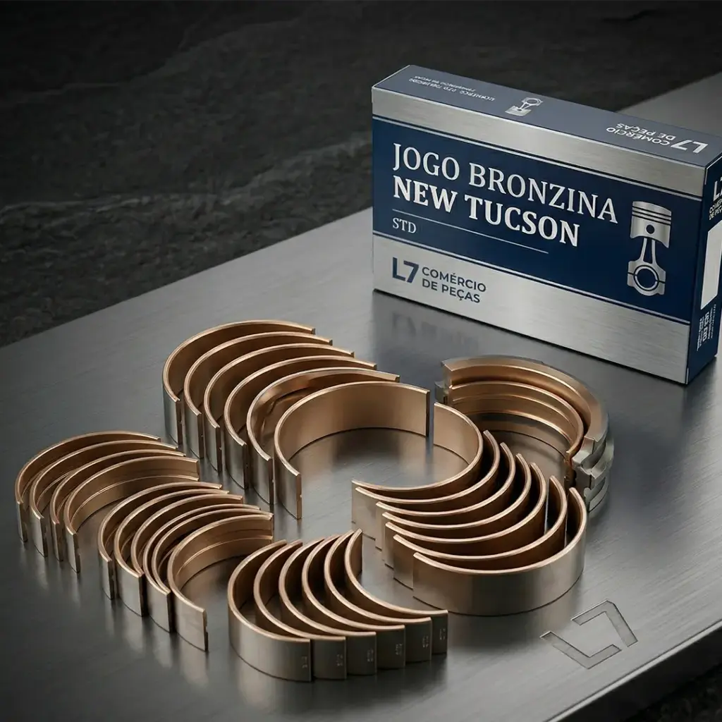 Fotografia comercial premium de um jogo bronzina New Tucson Standard completo, organizado sobre uma superfície escura reflexiva e com a embalagem da L7 Comércio de Peças.