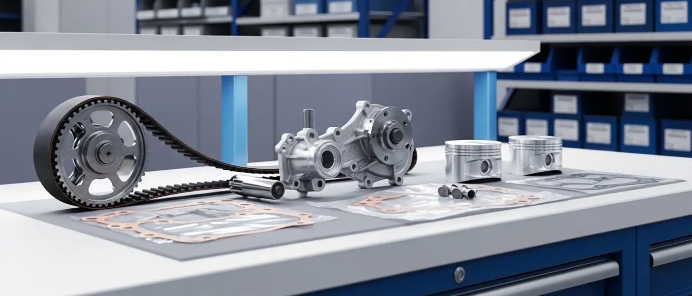 Conjunto de peças de motor Hyundai e Kia novas organizadas em bancada de oficina profissional