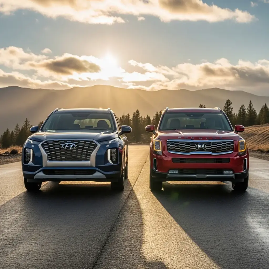 Carros Hyundai e Kia juntos e peças motor Hyundai e Kia em fotografia de produto premium